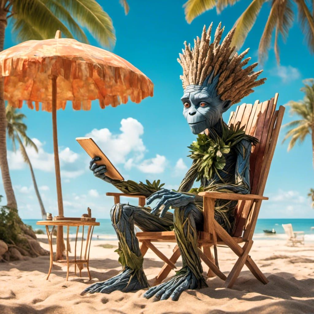 Groot's Tropical Beach Retirement in Digital Painting Style