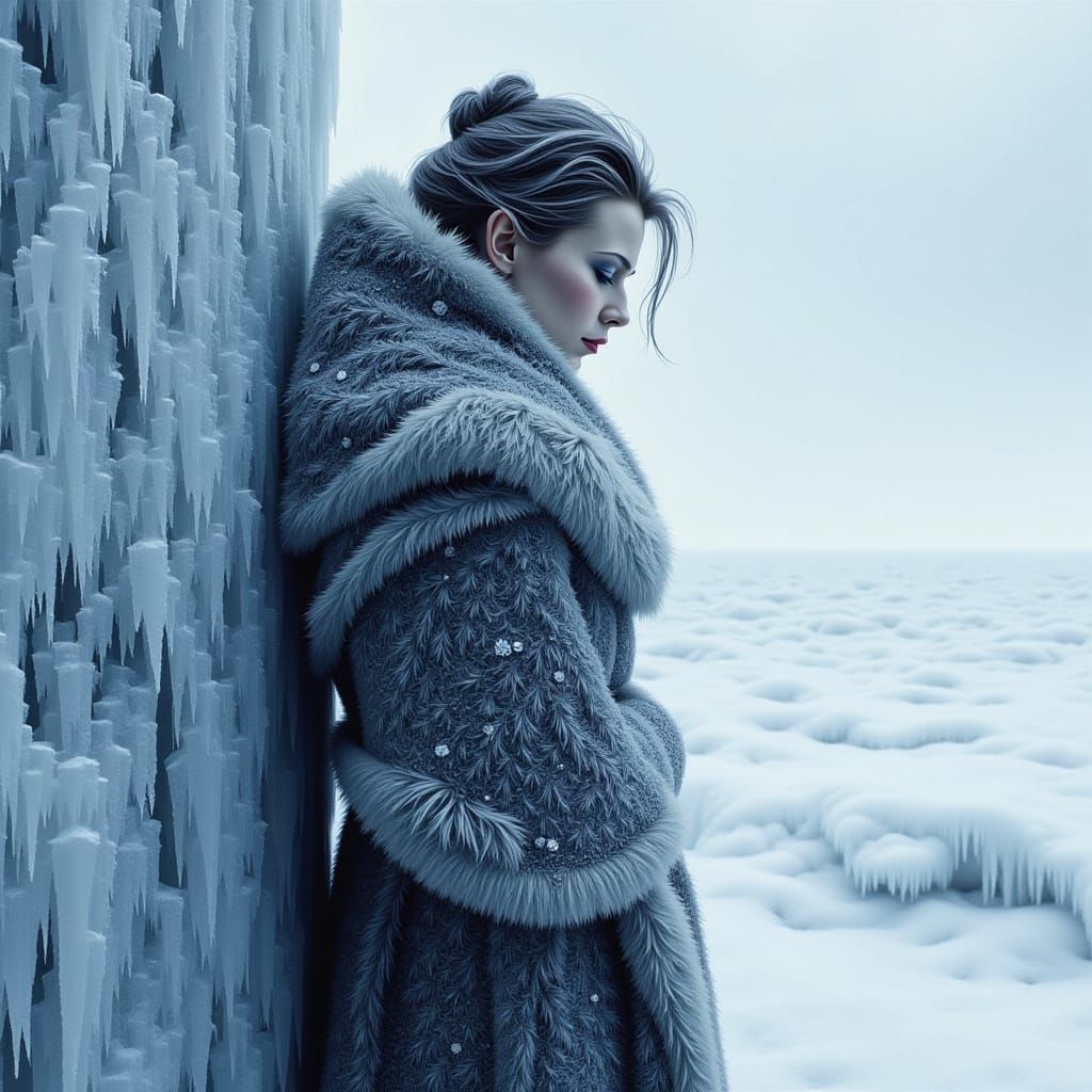 Hyperrealistic Digital Painting of a Cold Woman in Fur Cloak...