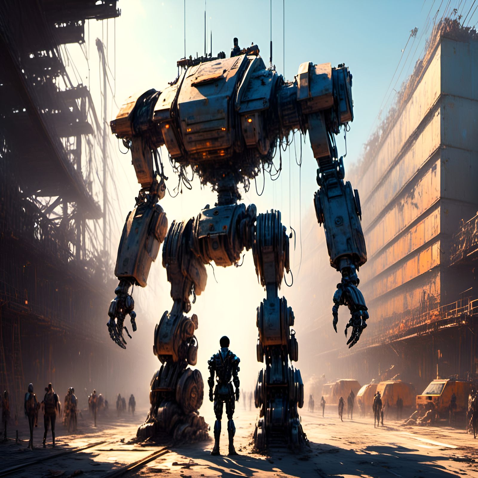 Sci-Fi Robot Sentry Guards Shipyard in Graffiti Style