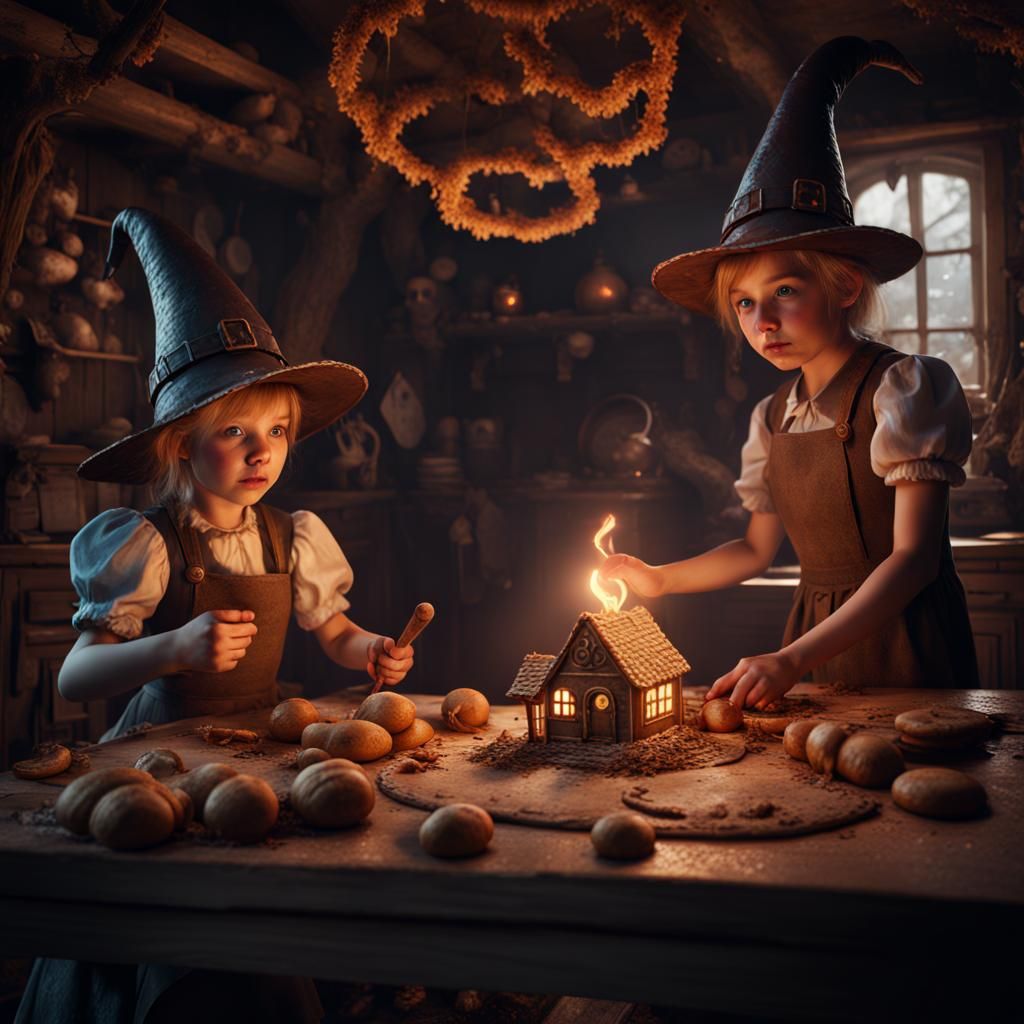 Hansel and Gretel Discover Witch's Hat in Gingerbread House