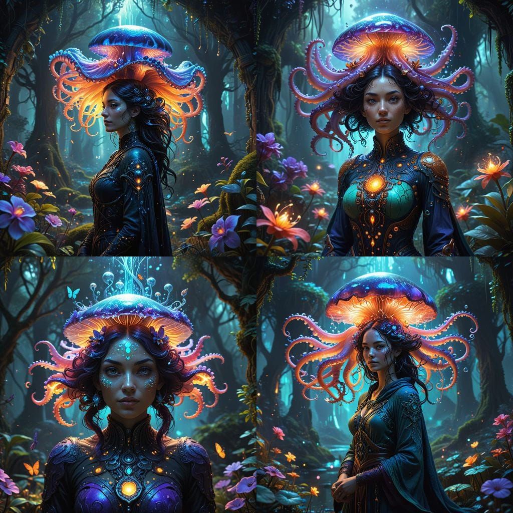 Glowing Galactic Rebel Jellyfish Octopus Queen in Vibrant Re...