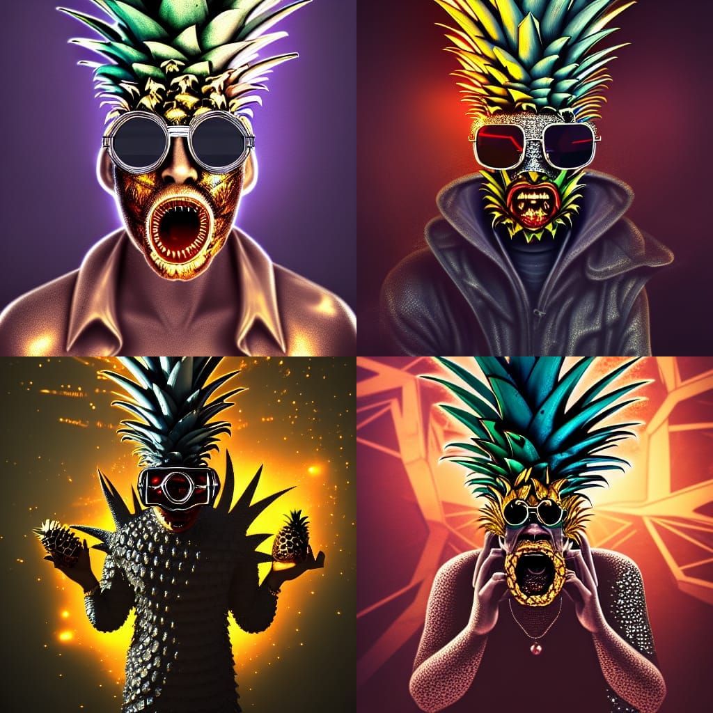 Cyberpunk Demon Eating Metal Pineapple in 3D