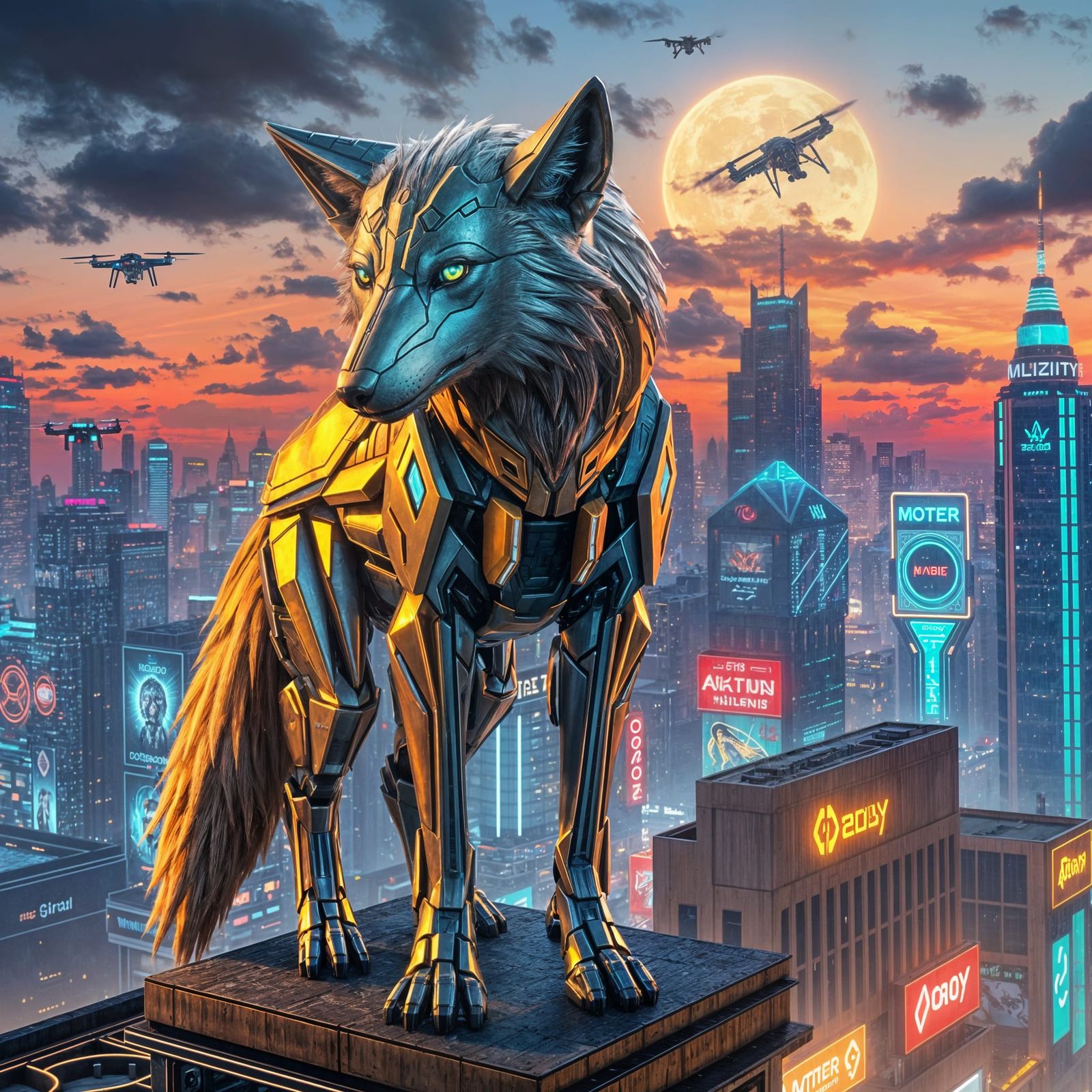 Cybernetic Wolf Sentinel in Futuristic Metropolis