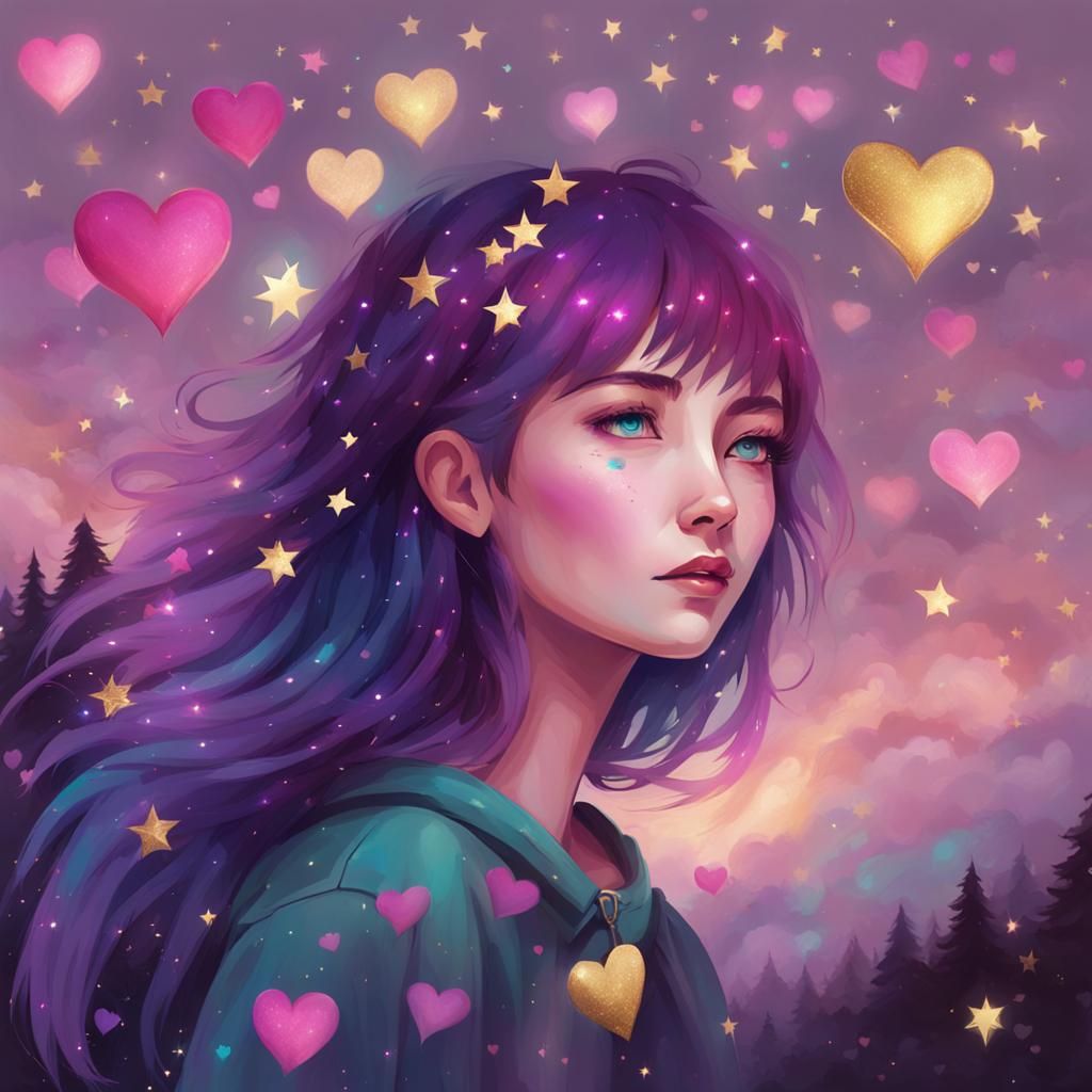Dreamy Woman with Stardust Hair and Golden Aura