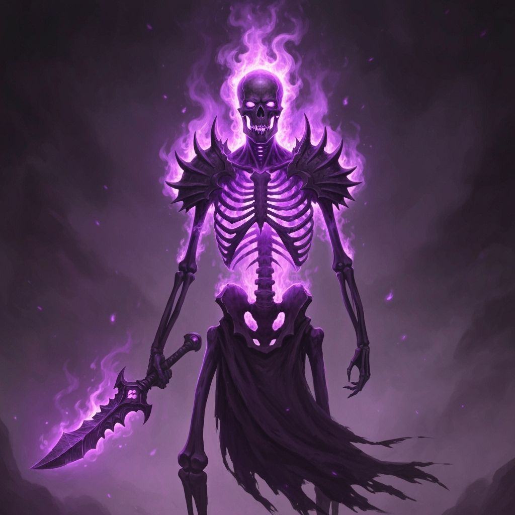 Skeletal Warrior Engulfed in Purple Flames