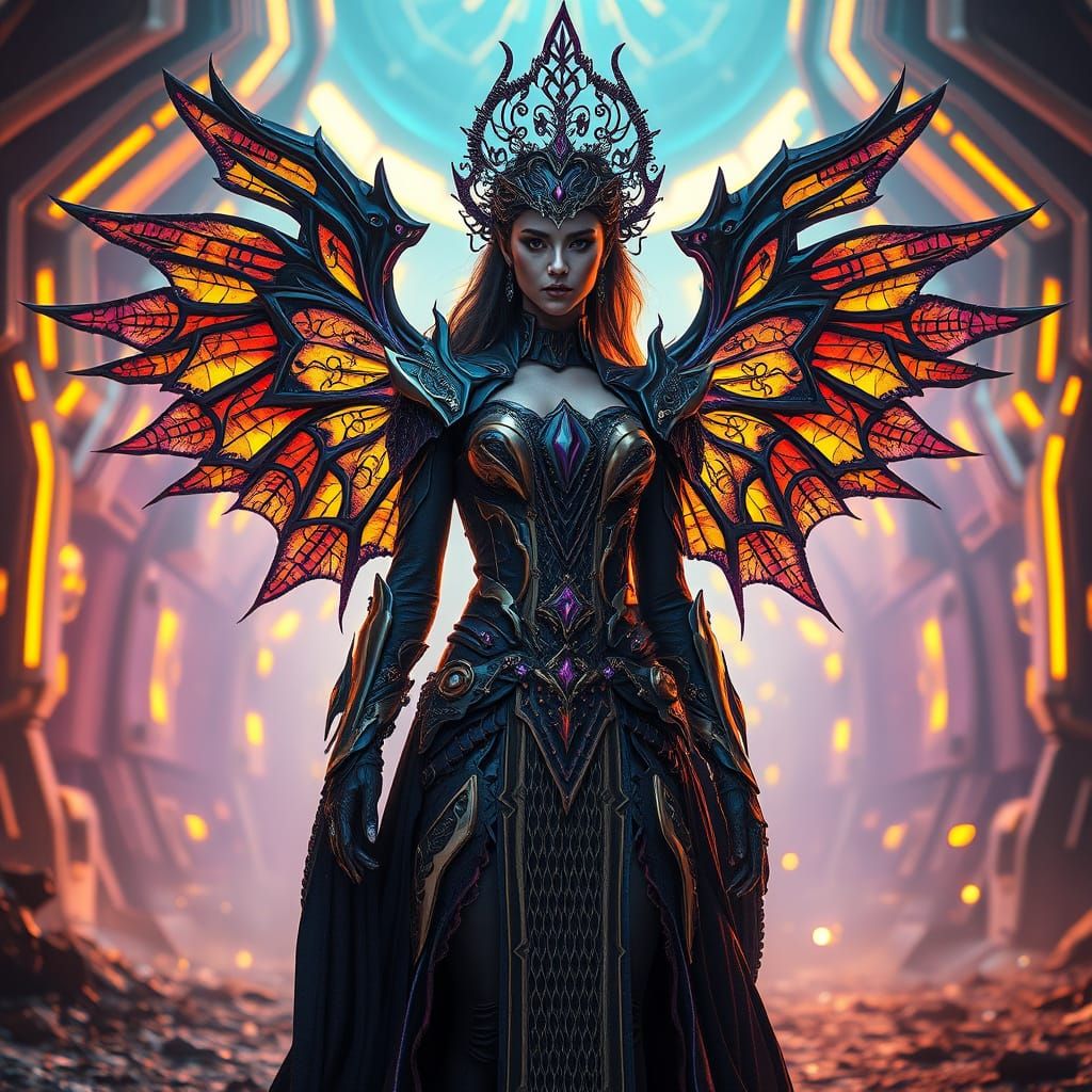 Majestic Woman in Dark Fantasy Sci-Fi Landscape
