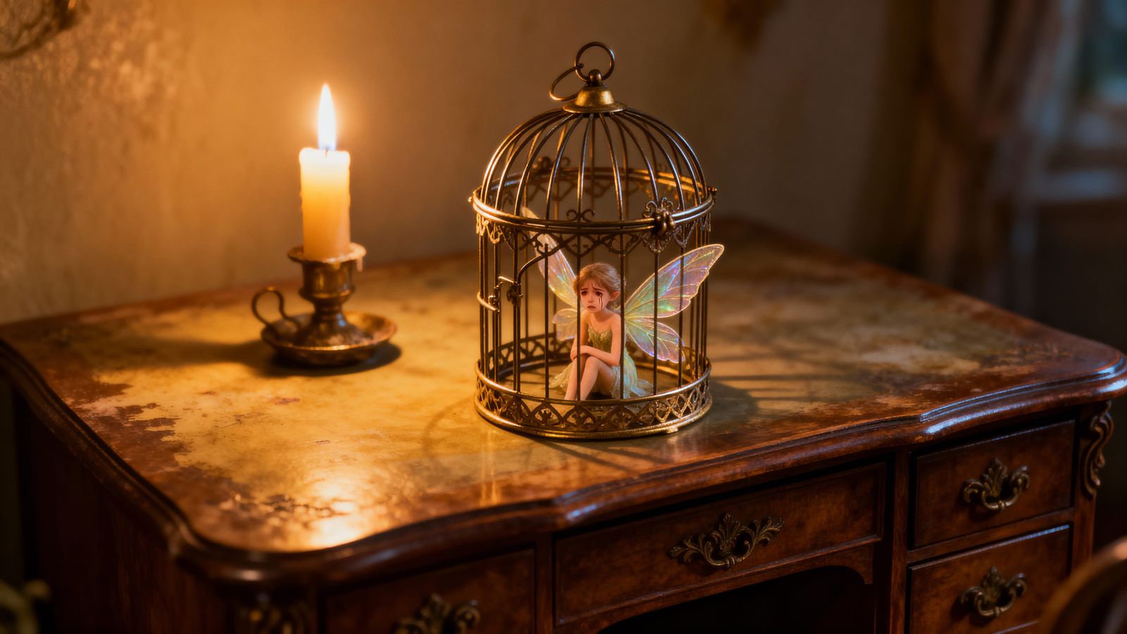 Sad Fairy Trapped in Ornate Cage Photo Realistic
