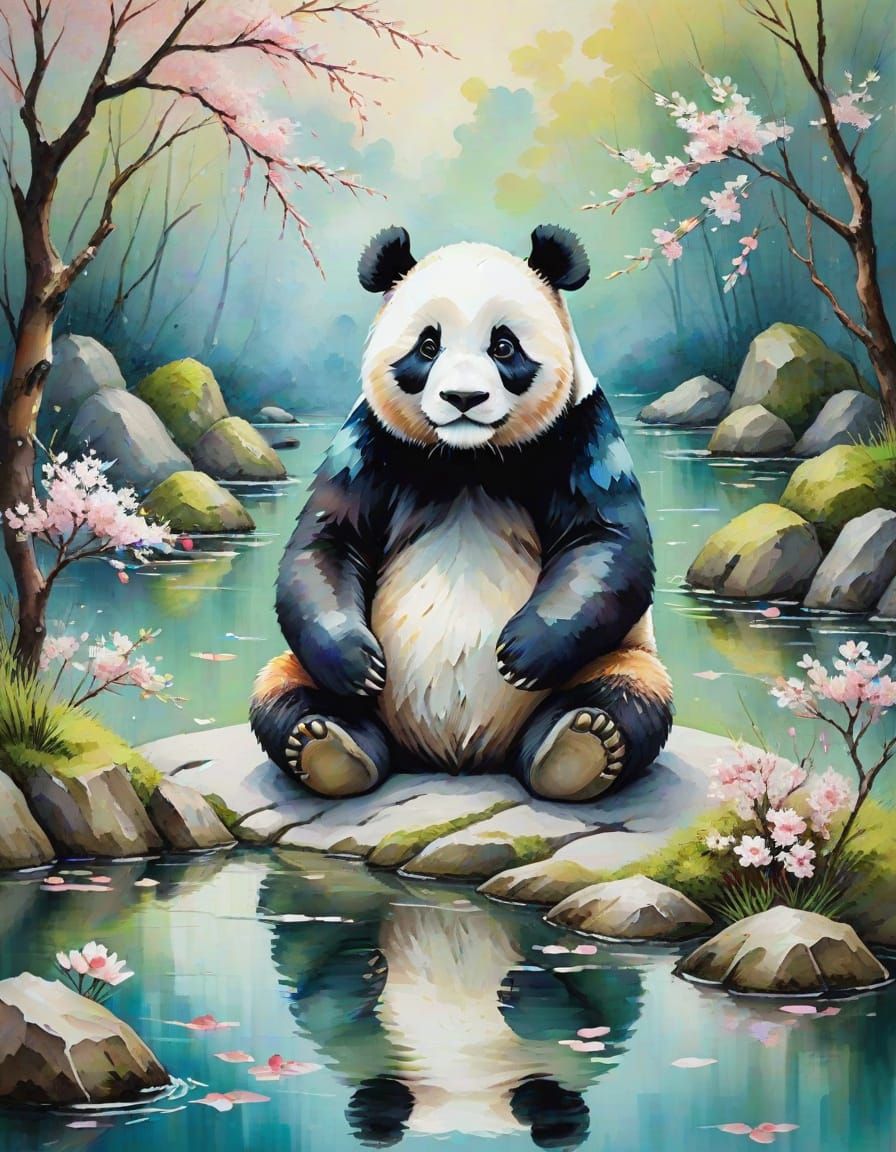 Wise Panda Meditating in Zen Garden Watercolor