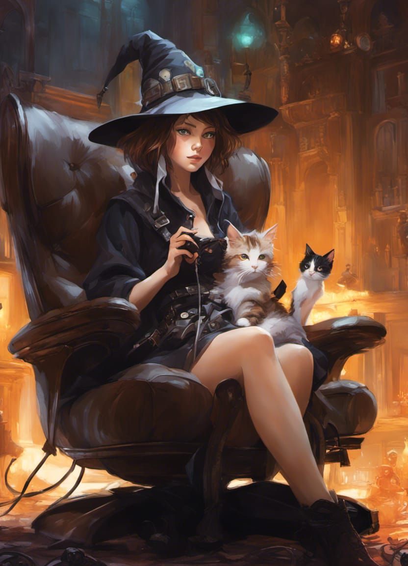 Gamer Witch with Kitten in Digital Art Style