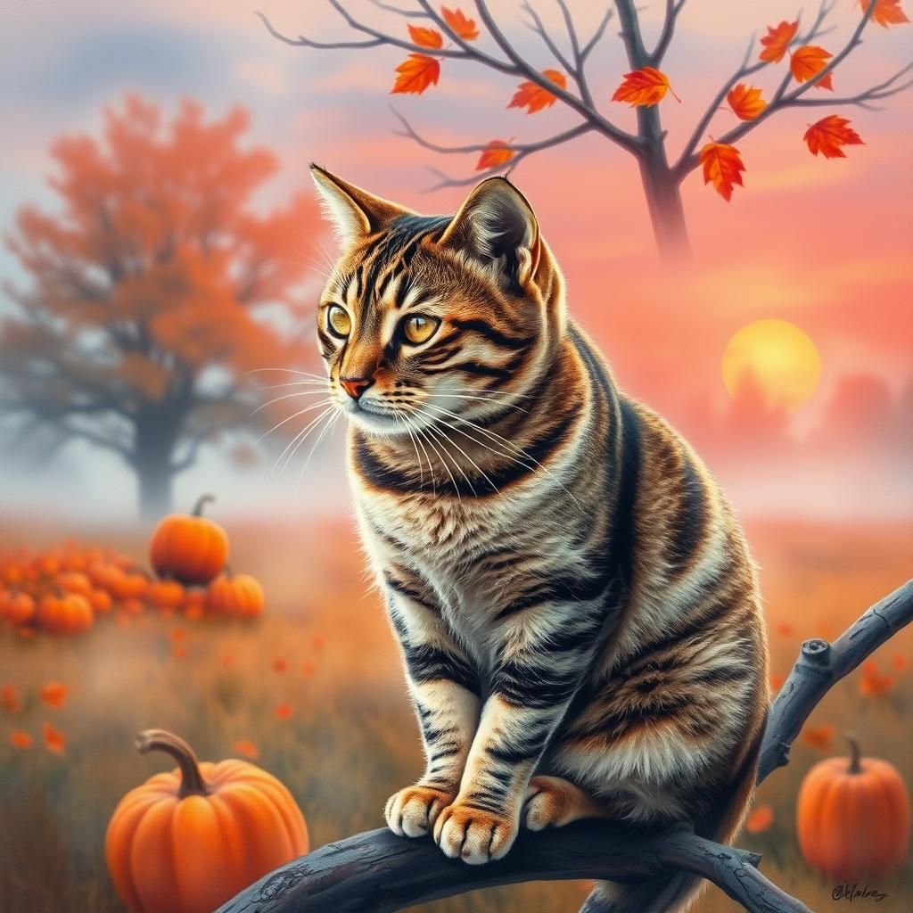 Striped Cat in Autumnal Watercolor Landscape