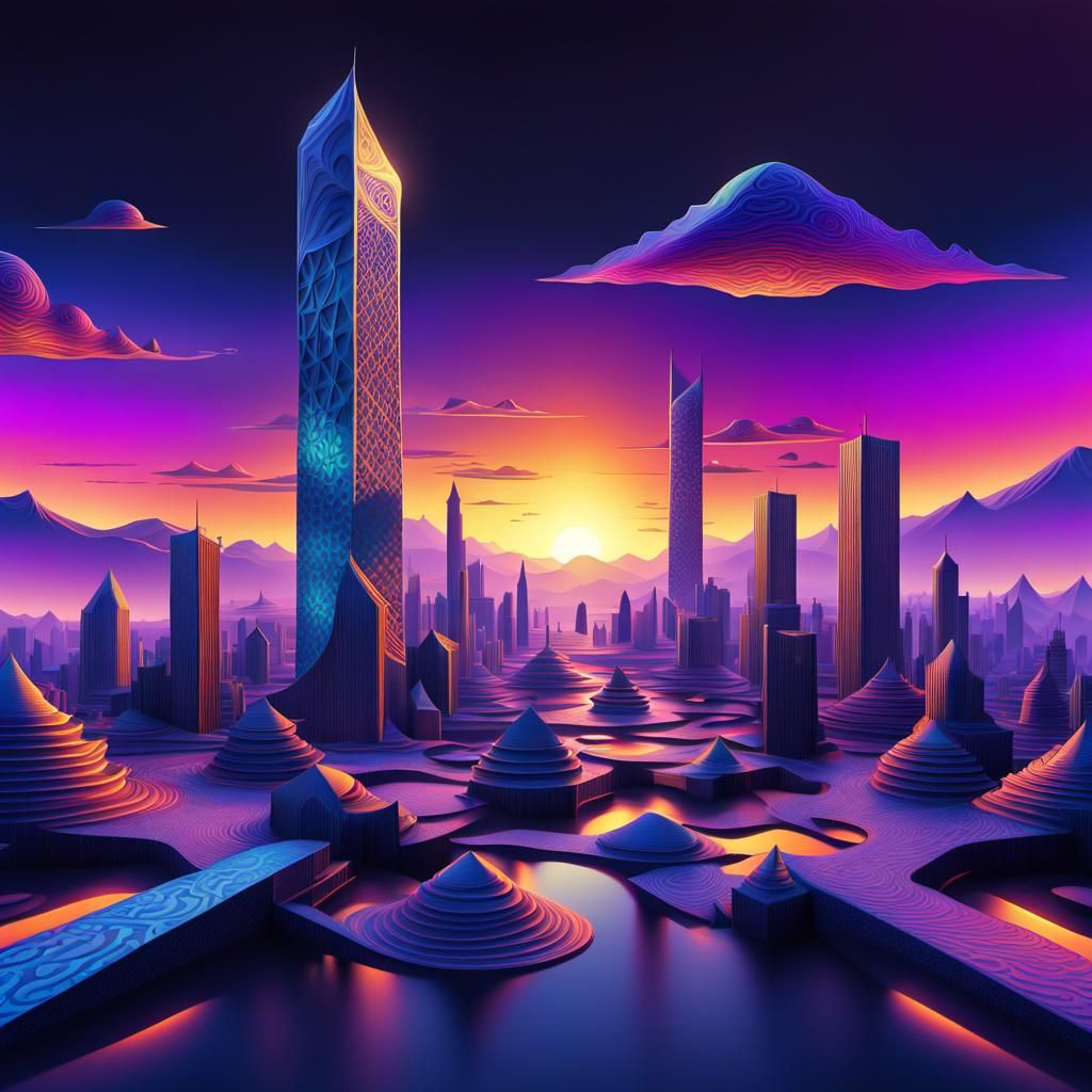 Abstract Fractal Sunset Landscape in Geometric Art Style