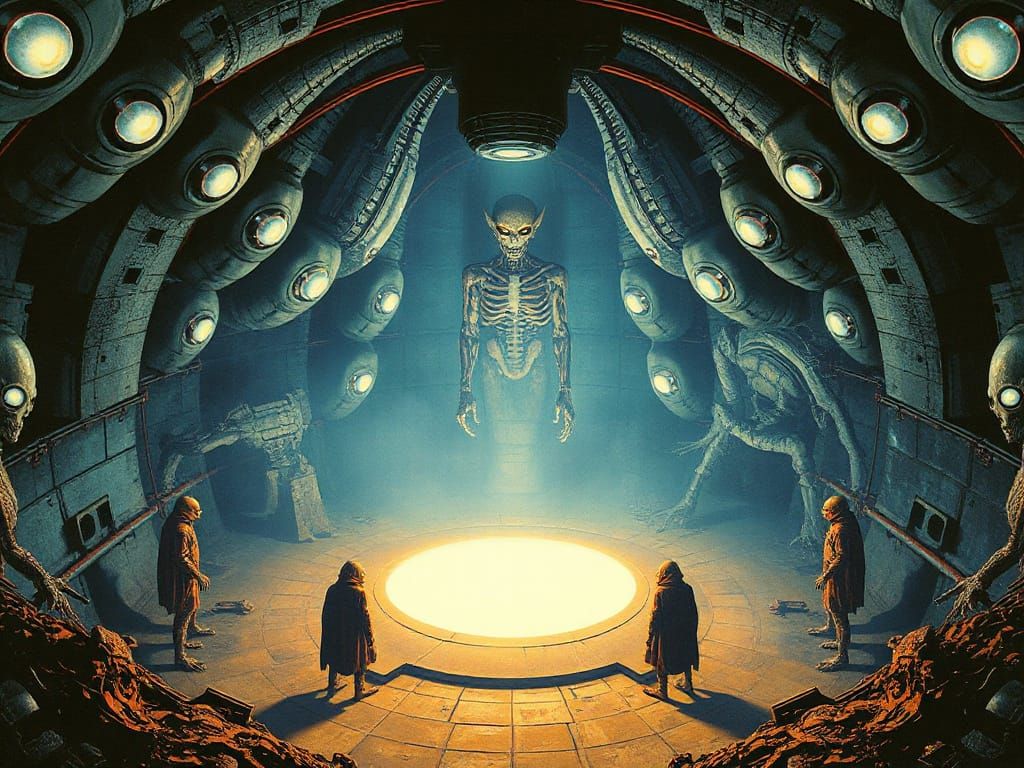 Alien Arena with Glowing Humanoids in Dark Sci-Fi Style