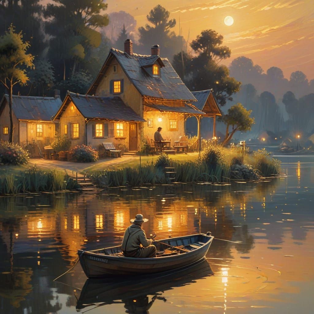 Peaceful Impressionist Scene of a Fisherman's Evening