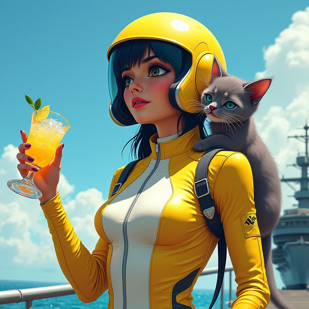 Nautical Jet Driver with Kitten, in Syd Mead Style