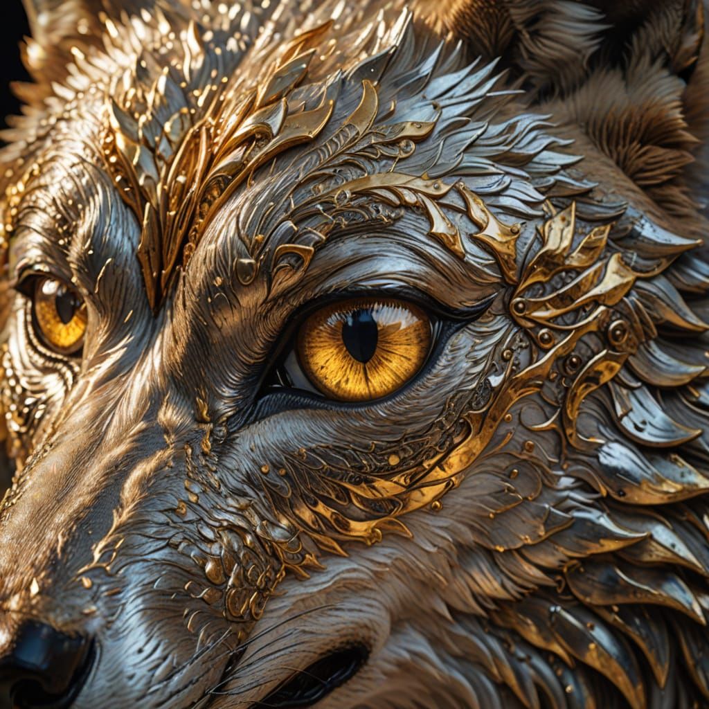 Golden Wolf Eye Reflecting Light in Hyperrealism