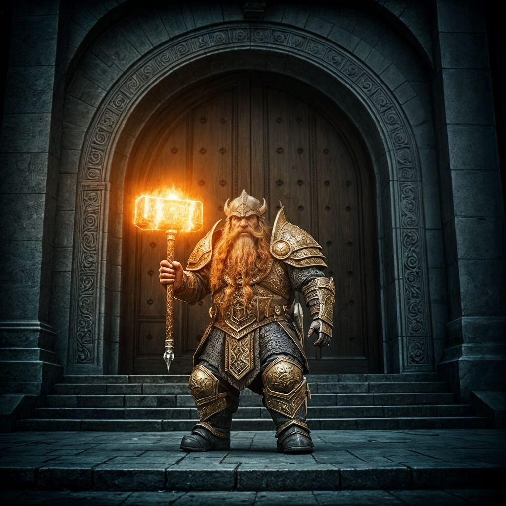 Epic Dwarven Warrior Guarding Ancient Gate