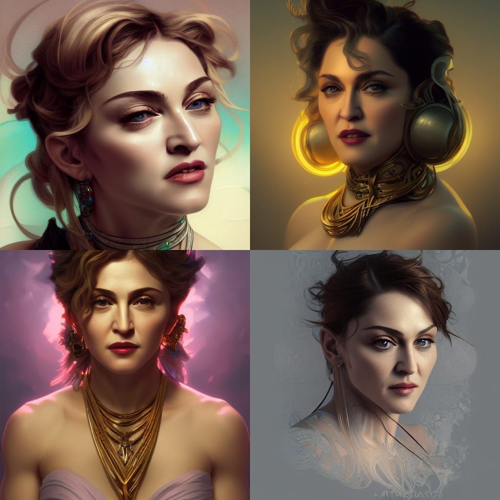 Madonna Portrait by Greg Rutkowski, Artgerm, and Mucha