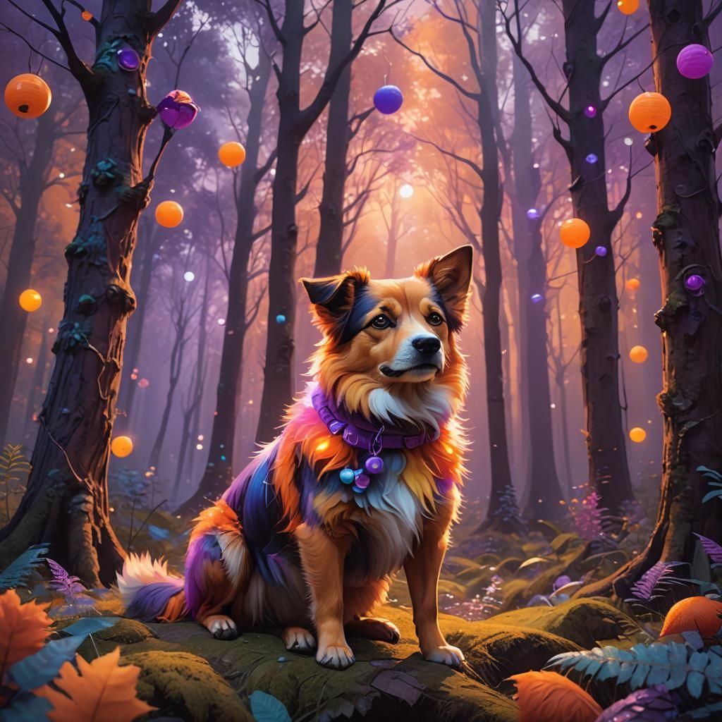 Colorful Dog in Whimsical Forest Concept Art
