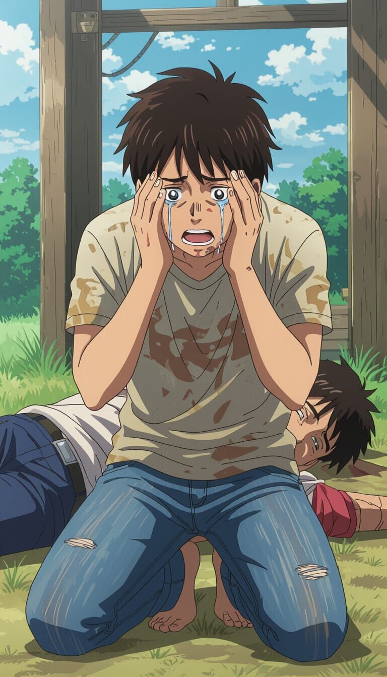 Anime Boy Cries in Despair Over Father's Body