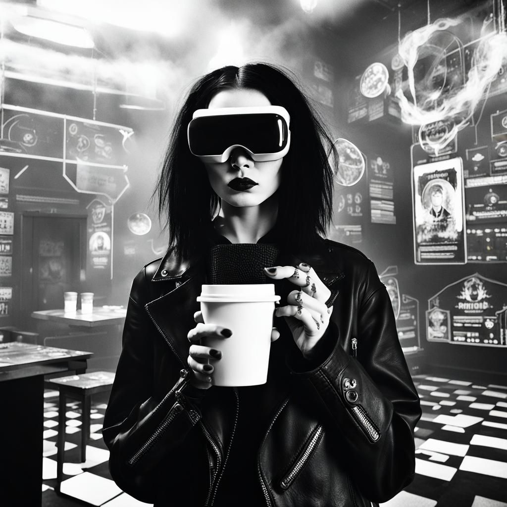 Goth Model in Futuristic VR Coffee Shop