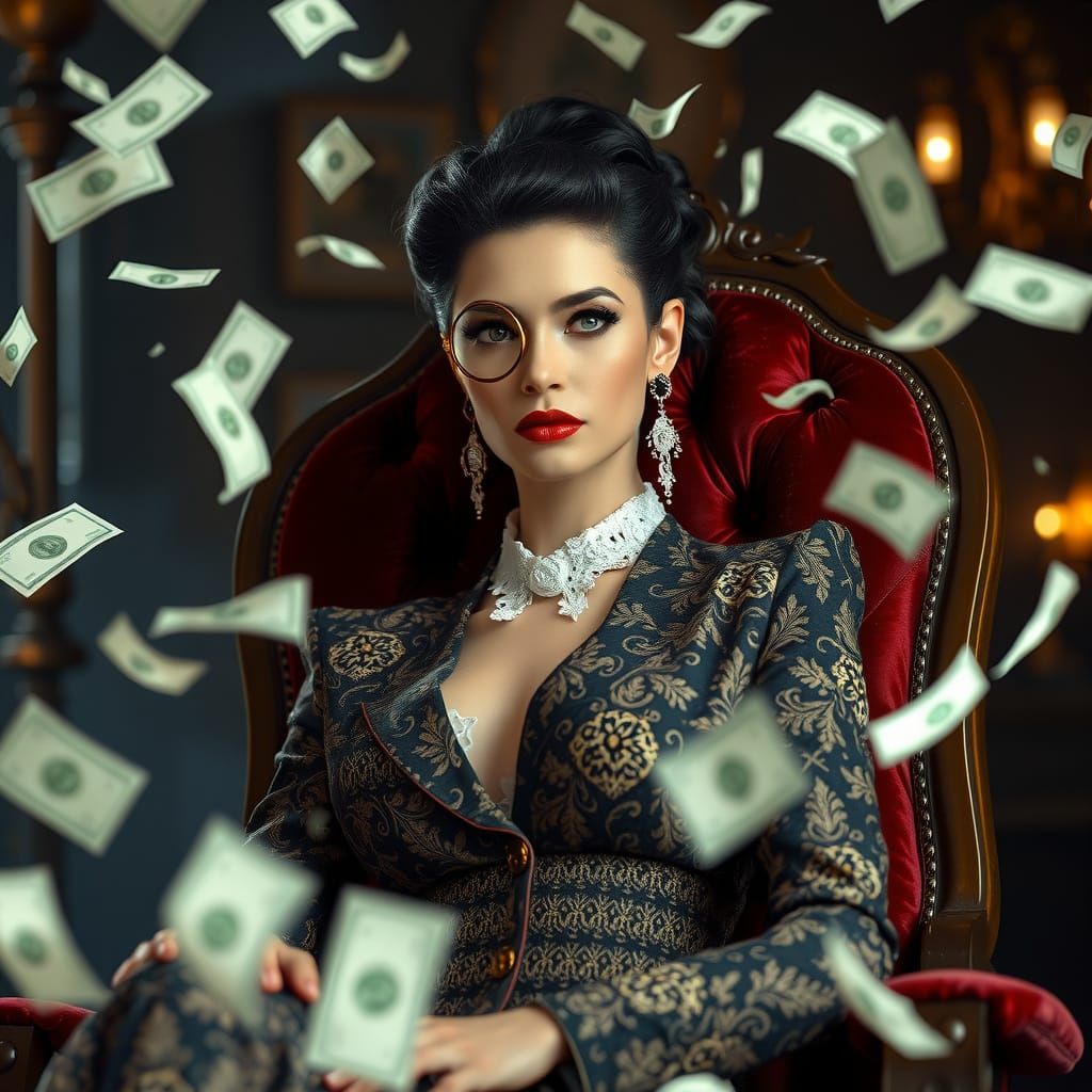 Opulent 1930s Supermodel in Velvet Throne amidst Swirling Mo...