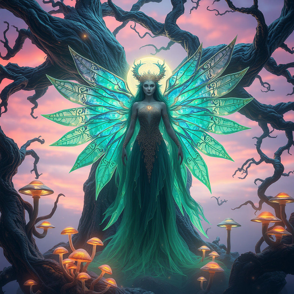 Mystical Being with Iridescent Wings in Dreamlike Forest