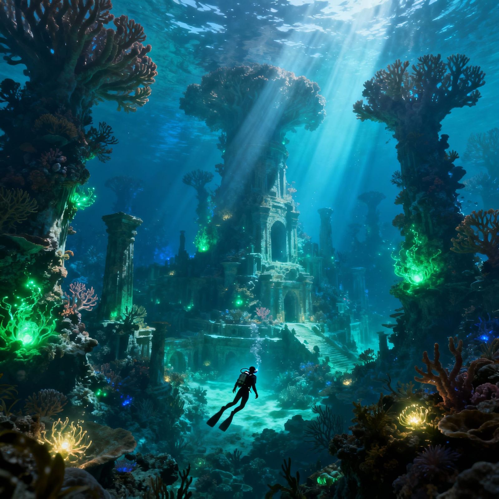 Atlantis Underwater City Explored by Diver in Digital Matte ...
