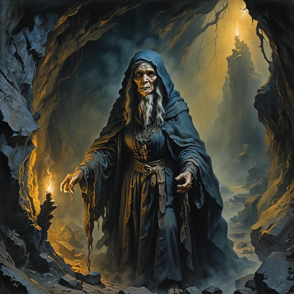 Eerie Hag in Dim Cave: A Dark Fantasy Painting