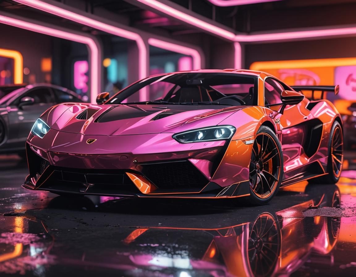 Detailed Orange and Pink Sports Car: Hyper-Realistic Digital...