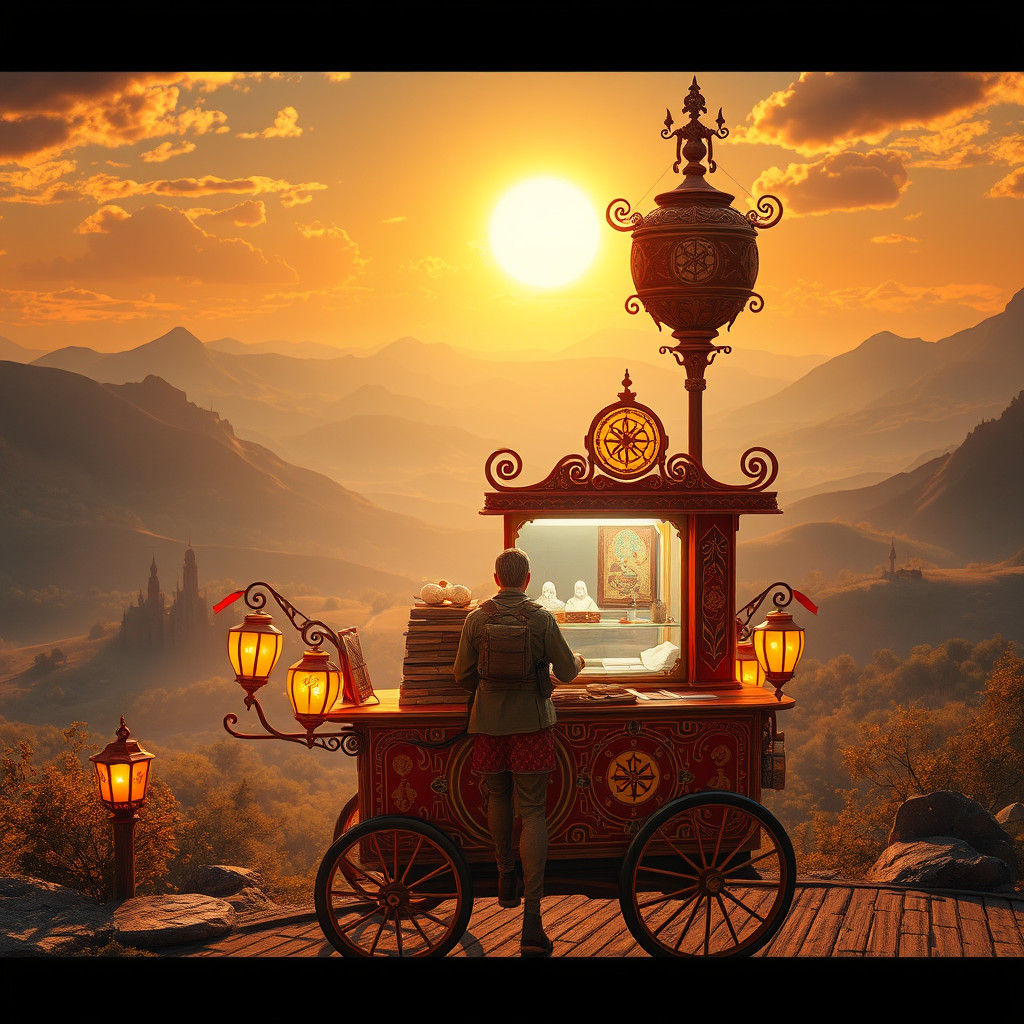 Dreamlike Ice Cream Vendor in Ornate Landscape