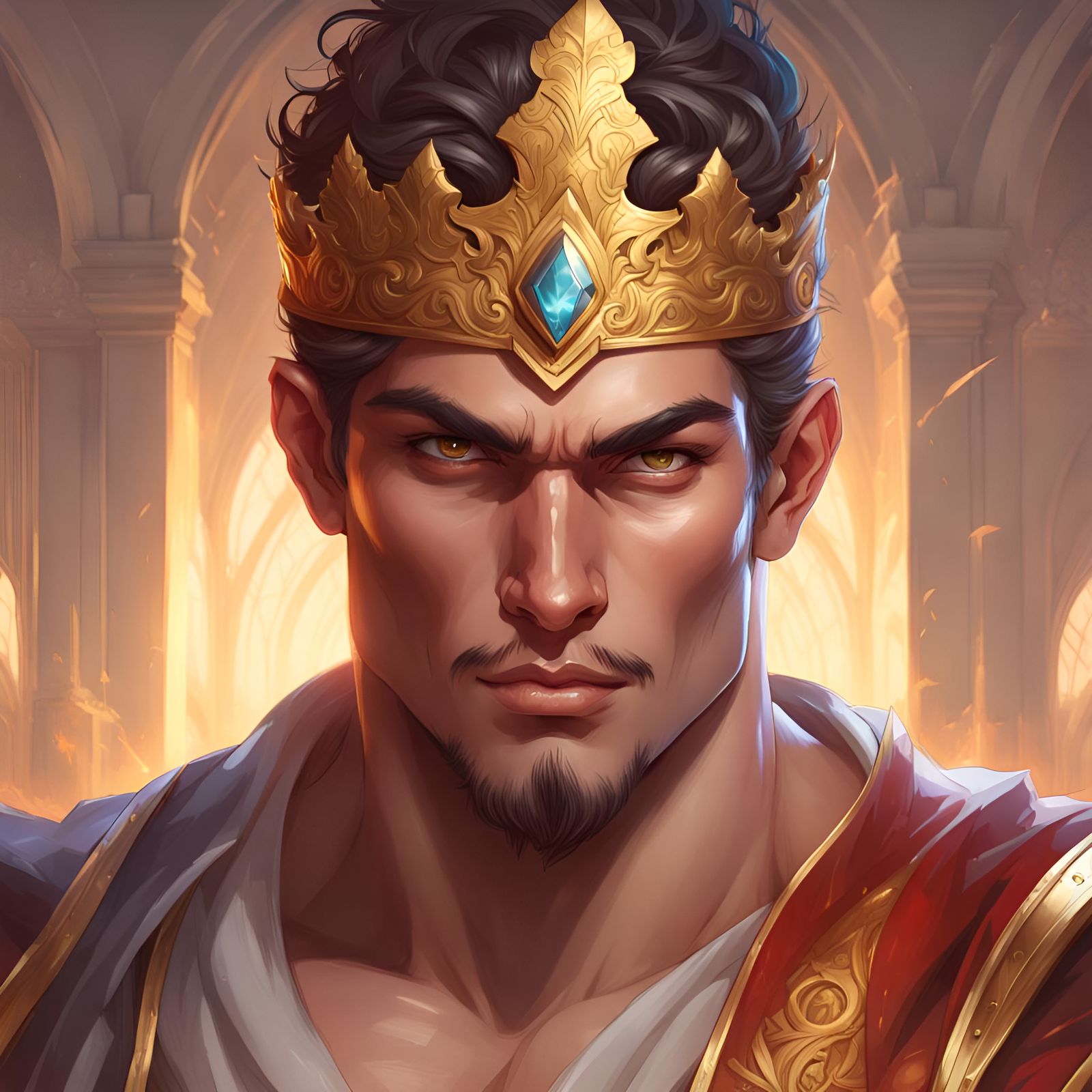 Golden-Eyed King on Throne in Hyperdetailed Portrait