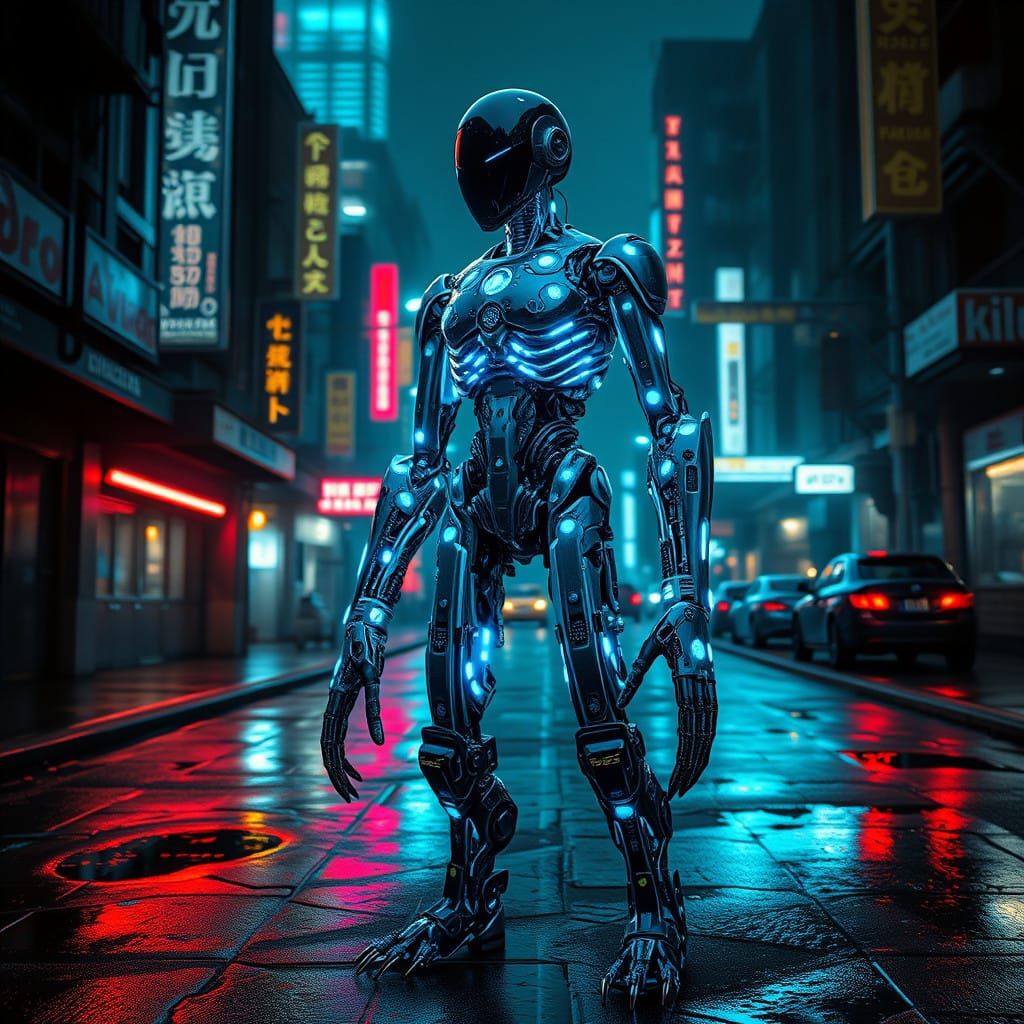 Cyborg in Futuristic Urban Landscape