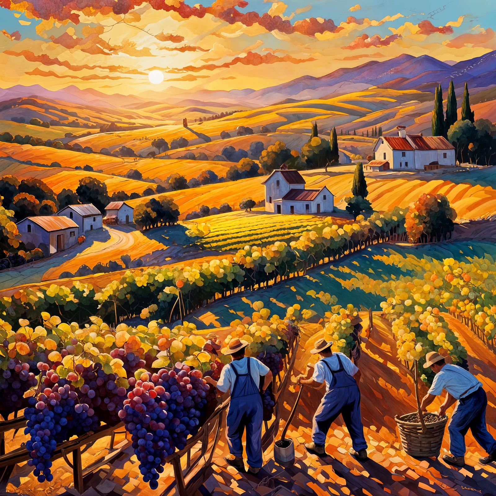 Italian Grape Harvest at Sunset