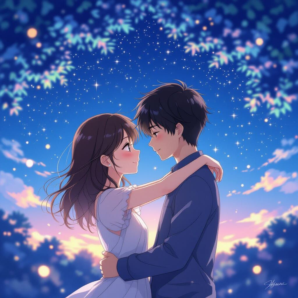 Couple Embraces Under Twinkling Stars in Anime Style