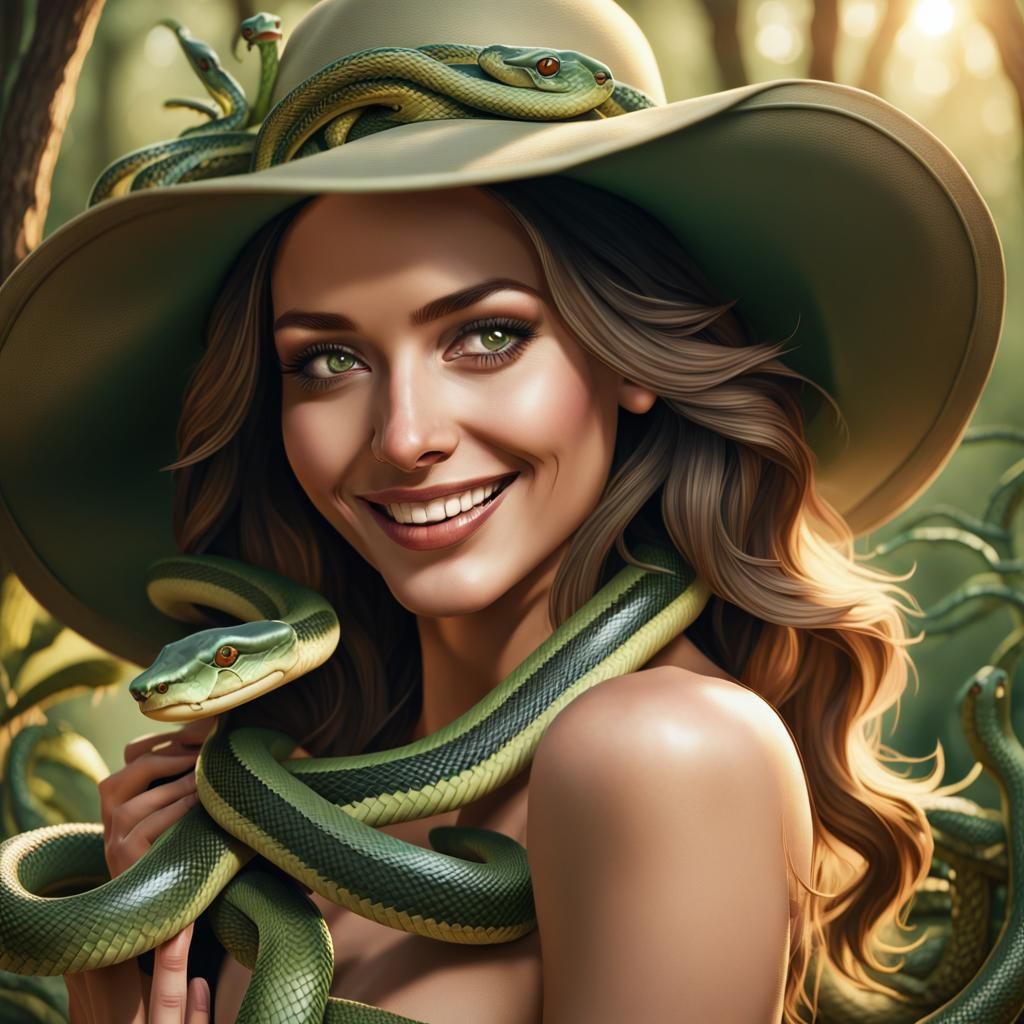 Woman in Snake Hat: Hyperrealistic Golden Hour Portrait