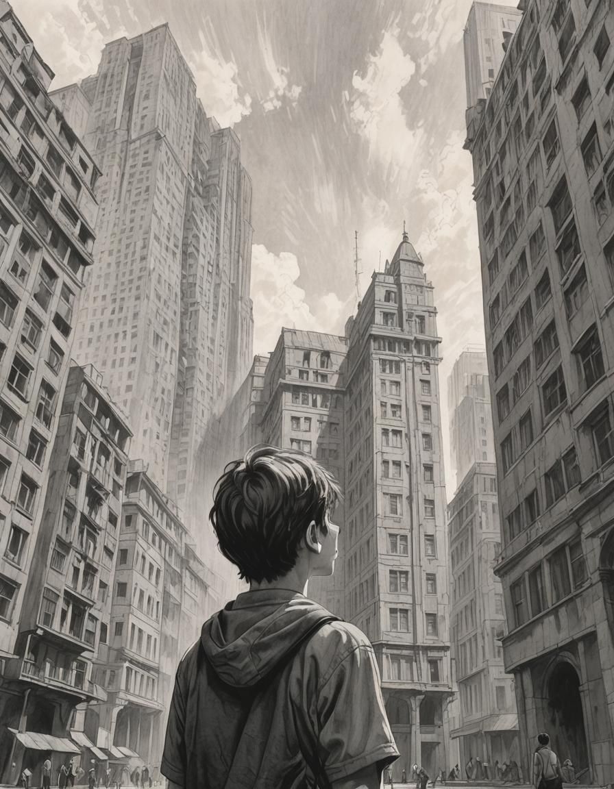 Teenage Boy Gazing Up at Building