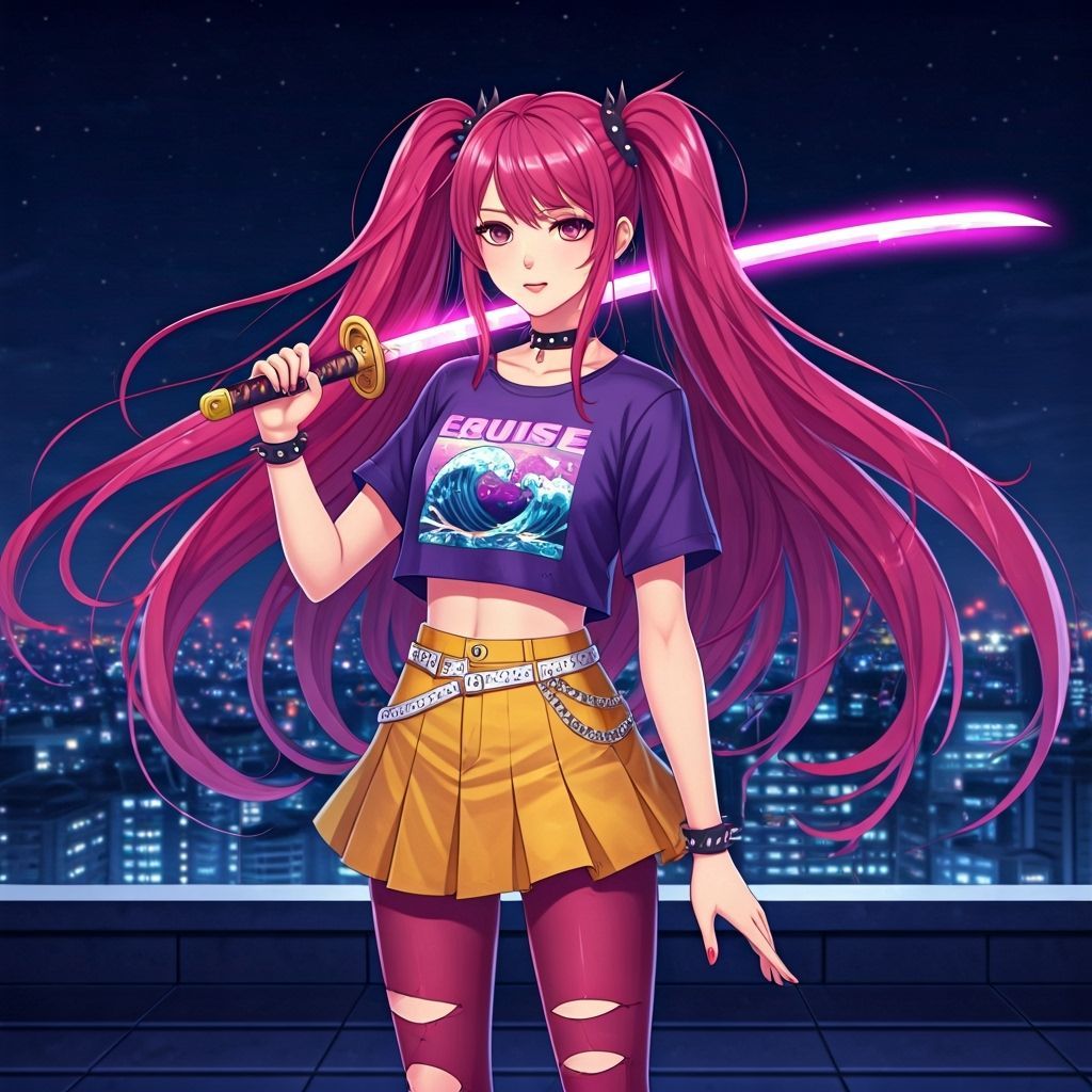 Anime Girl with Moon Sword in Punk Outfit