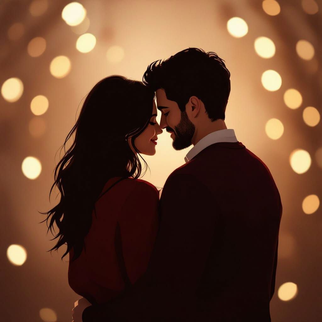 Intimate Couple Silhouette in Warm Burgundy and Gold