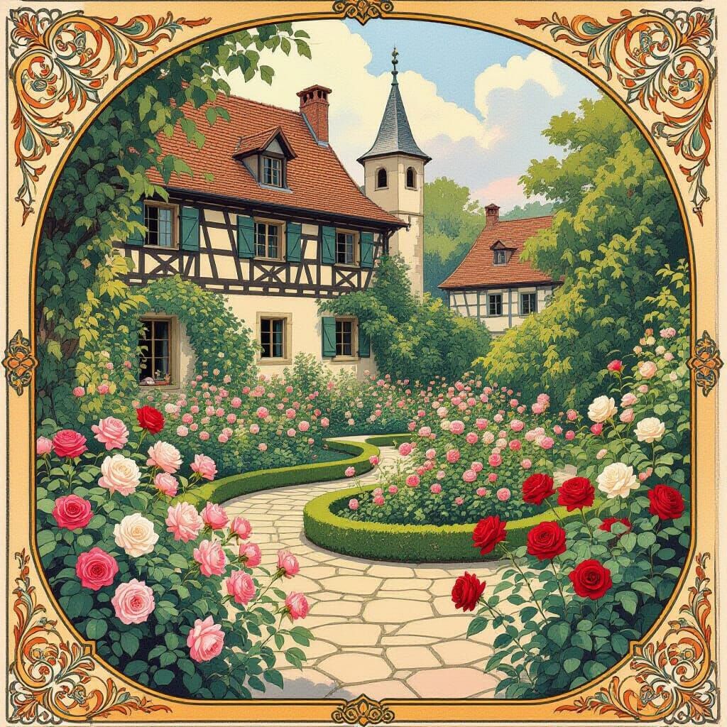 Medieval Manor Garden with Blooming Roses, Art Nouveau Style