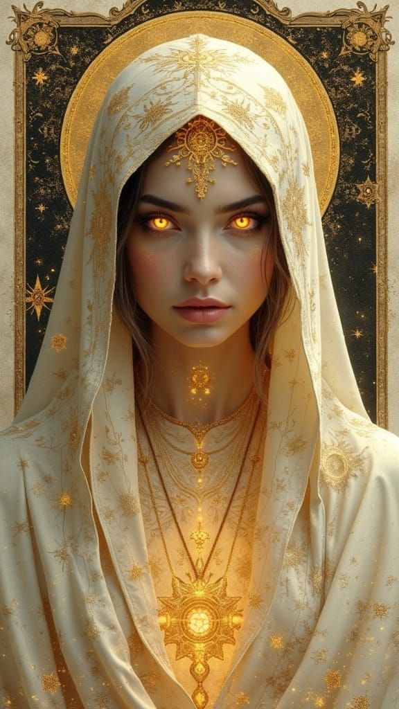Divine Female Seer in Radiant Robes with Celestial Symbols