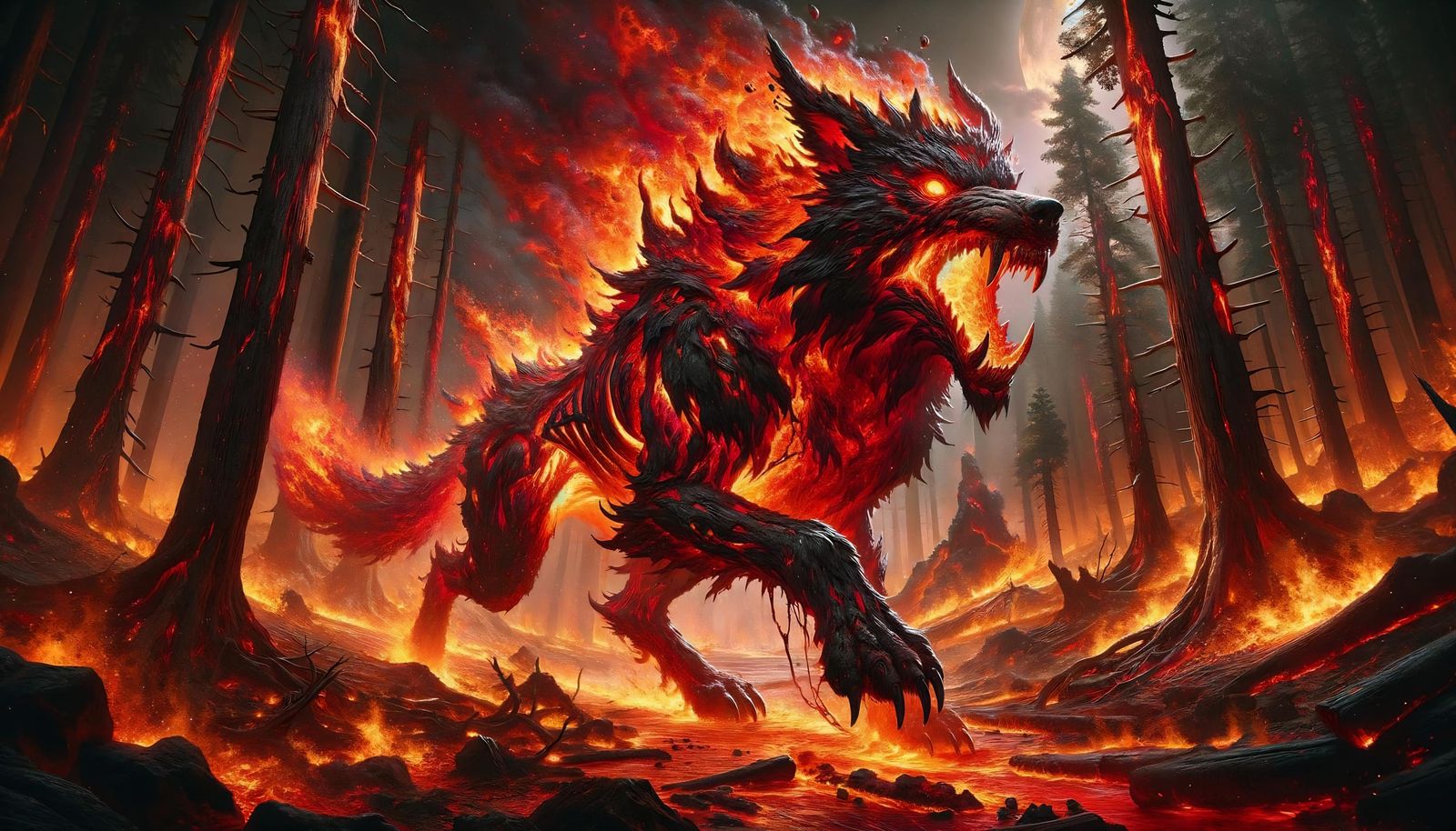 Fiery Elemental Wolf in Burning Forest