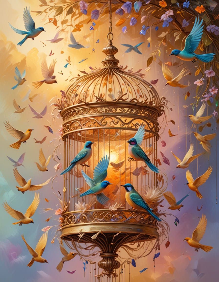 Impressionist Painting of Birds and Floating Birdcage