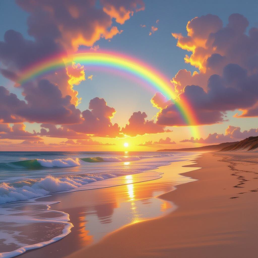 Vibrant Rainbow Over Sunlit Beach in Hyperrealistic Style