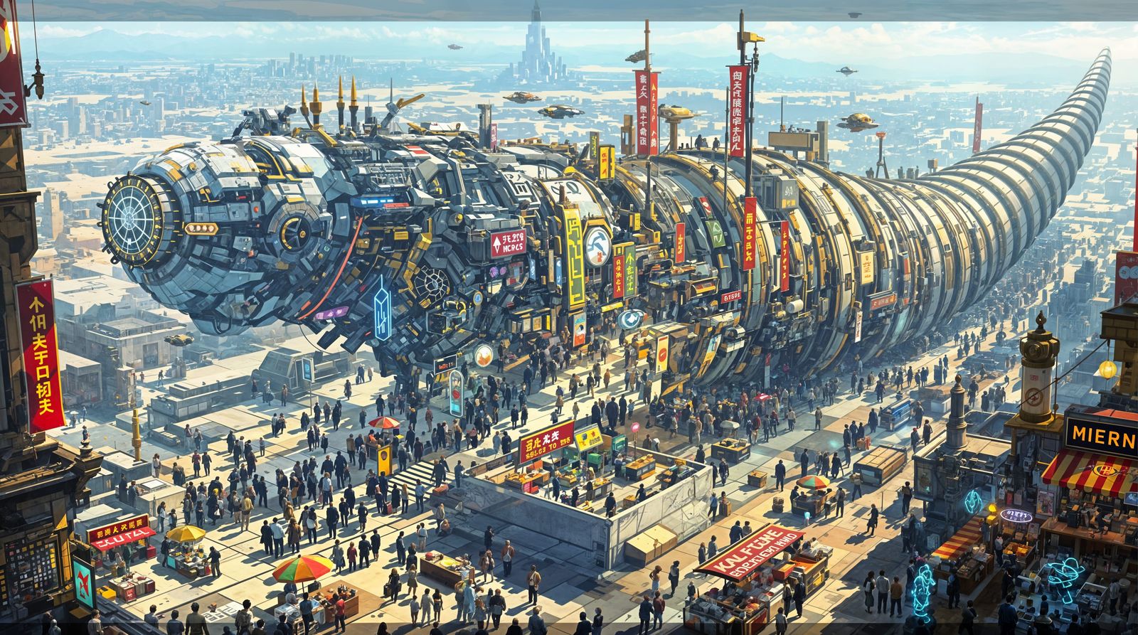 Futuristic Market Street on a Mobile Mechanical Caterpillar