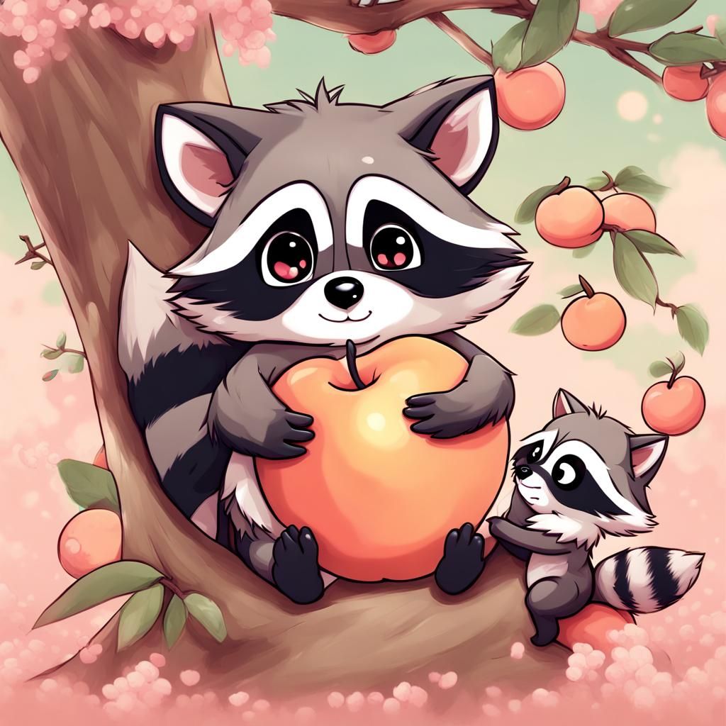 Cute Raccoon with Peach in Anime Style