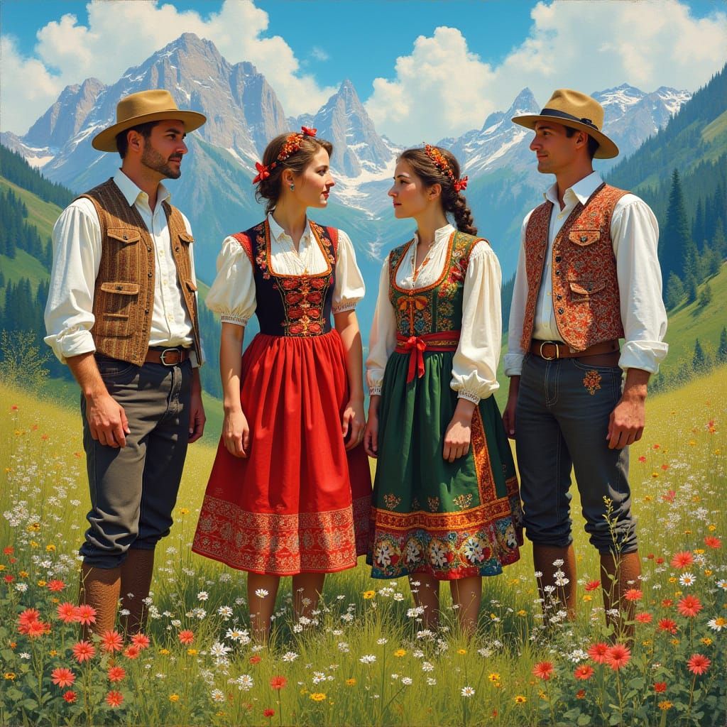 Vibrant Austrian Folk Music Group in Alpine Meadow