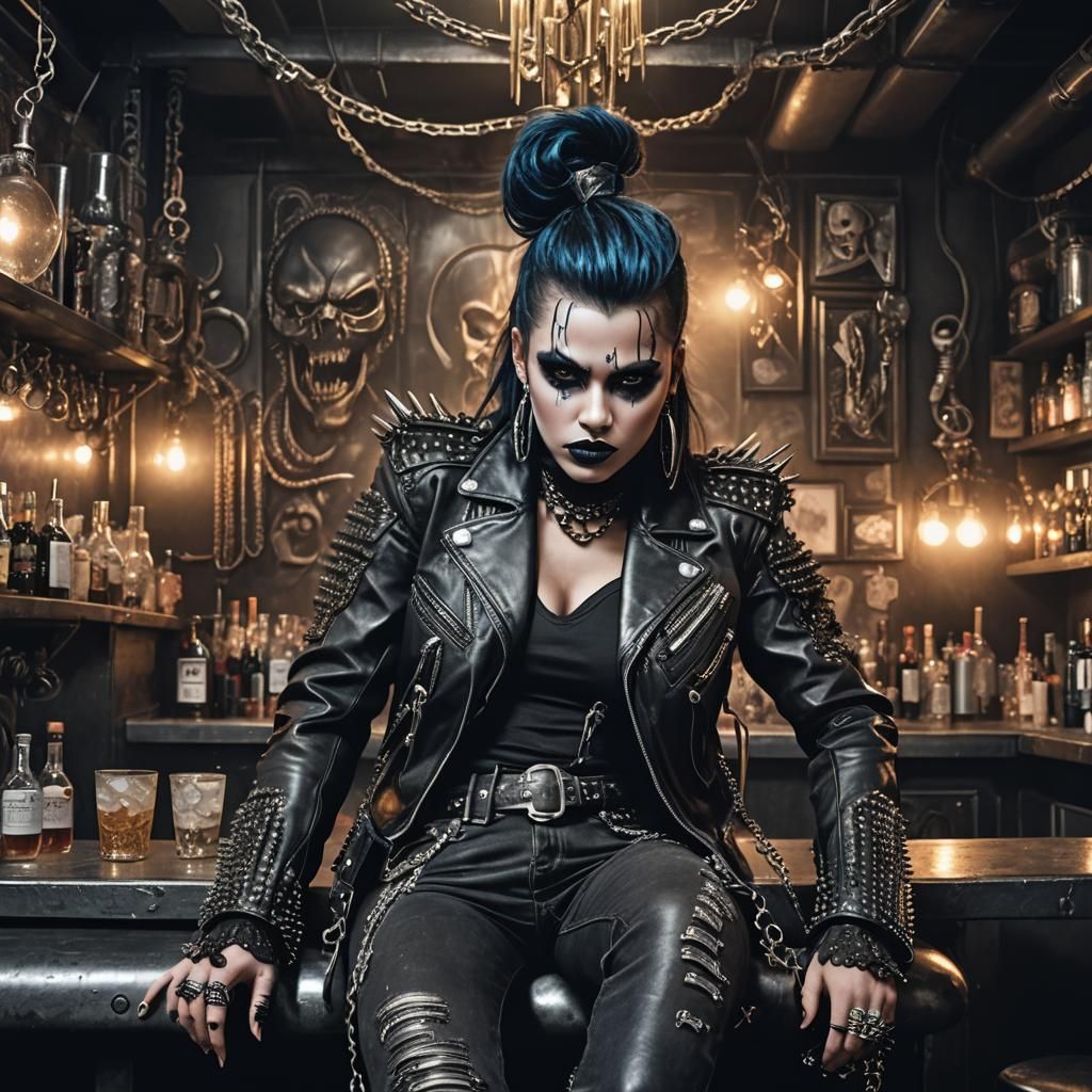 Cyberpunk Woman on Bar Stool with Spikes and Chains