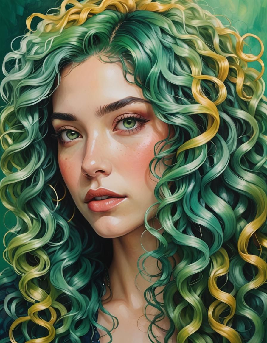 Emerald Green Hair Portrait in Whimsical Realism