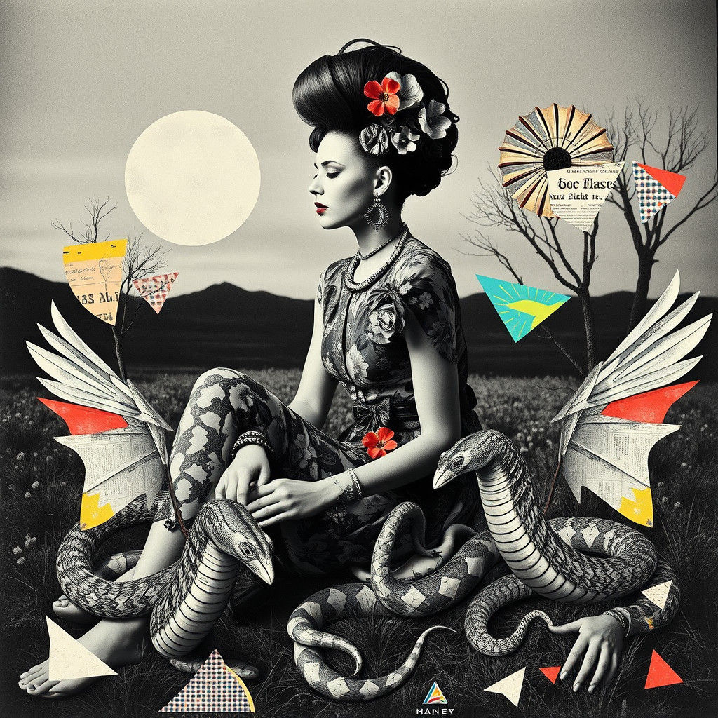 Surreal Woman with Serpents in Dada Collage