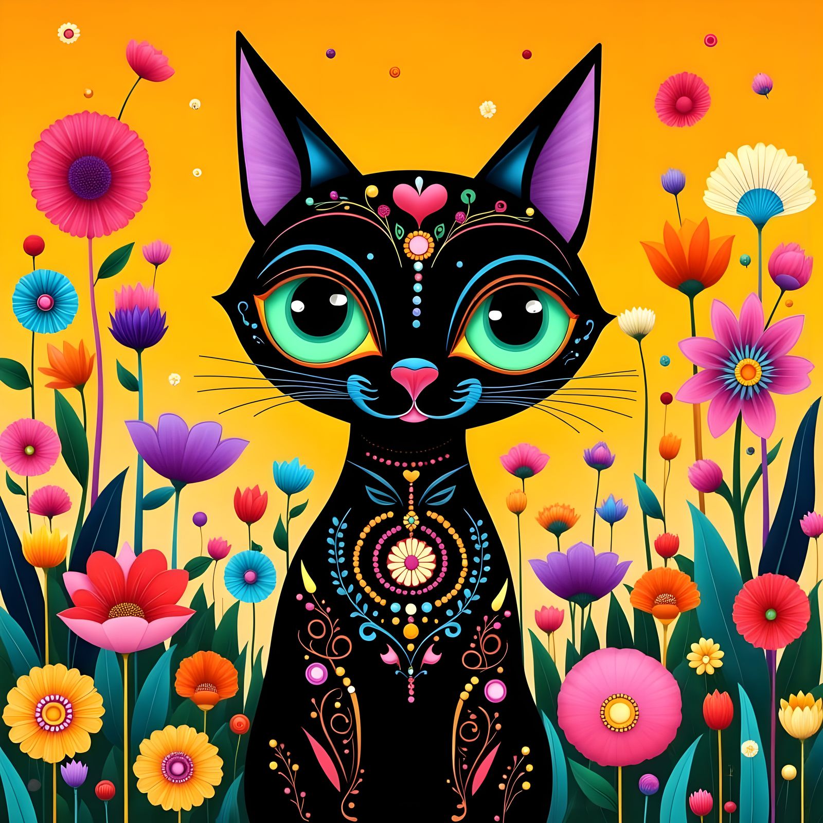 Whimsical Black Cat in Colorful Flower Garden